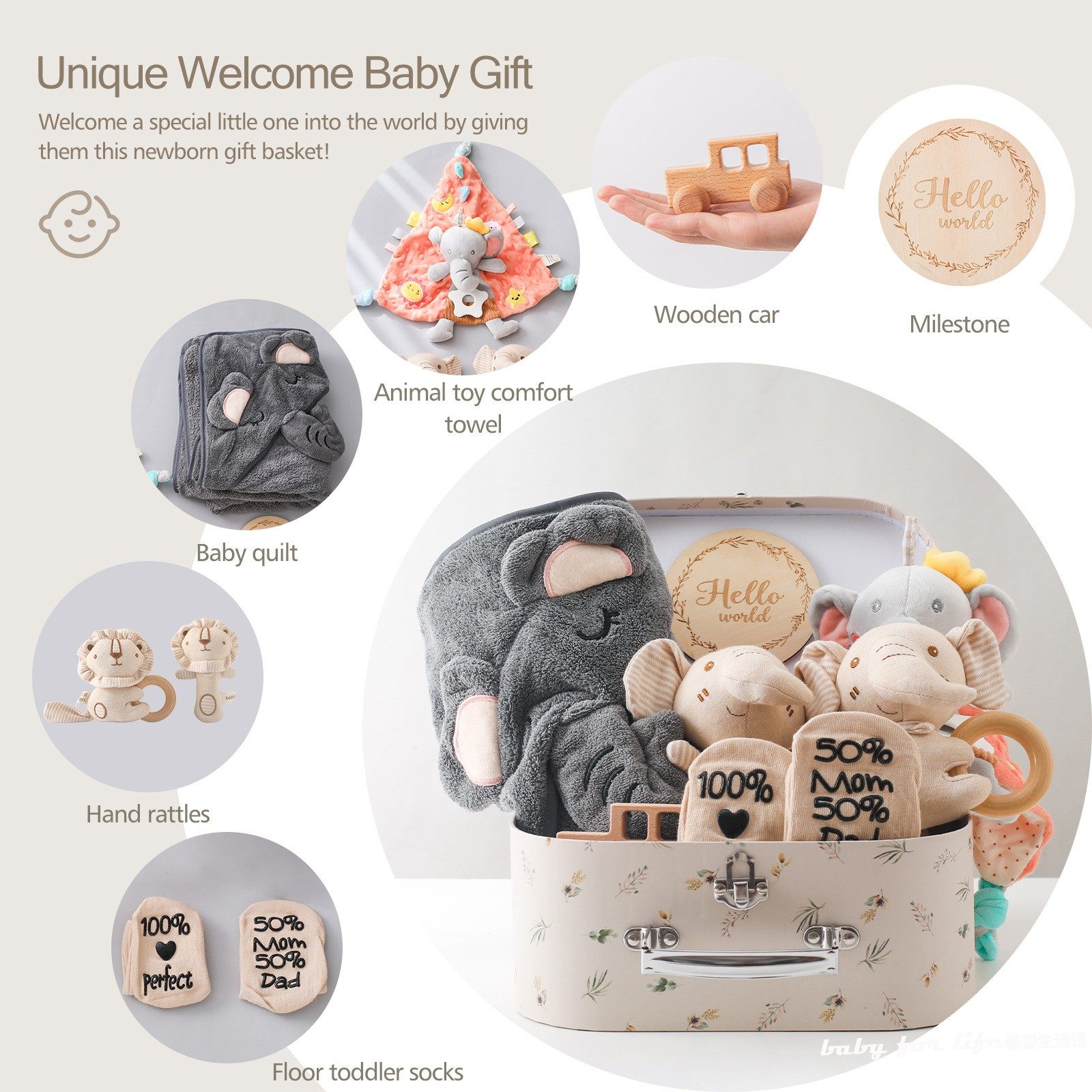 新生宝宝送礼大象兔子口水巾毯子宝宝里程碑纪念拍照玩具洗浴套装