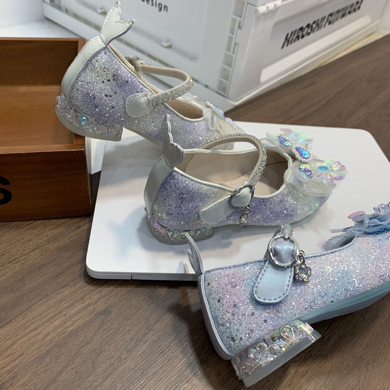 高颜值水钻亮闪闪亮美人鱼带跟粗跟女童浅口瓢鞋女童小皮鞋公主风,淘宝优惠券,粉丝福利购,淘宝优惠卷