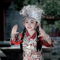 Little girl Miao head decoration hat Guizhou Miao and Dong ethnic silver decorated with childrens head accessories hat Item ring Two sets