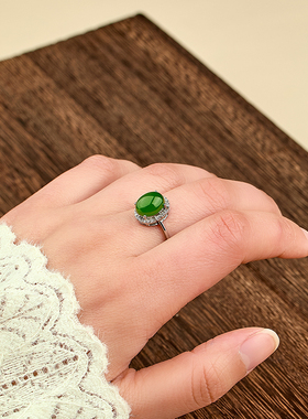 润古物语 天然高品质碧玉蛋面戒指925银鸽子蛋