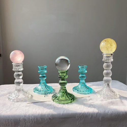 天然水晶球底座玻璃球托柱子消磁石收纳蓝海钻石绿宝石色摆件装饰 - 图0