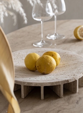 天然大理石黄洞托盘圆形侘寂奶油风桌面收纳摆件样板房客餐厅