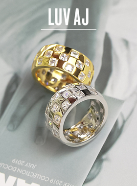 luvaj女镀金欧美棋盘格戒指镶钻