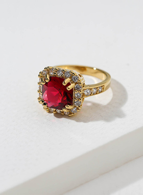 轻奢美国红宝石方形戒指小众精致