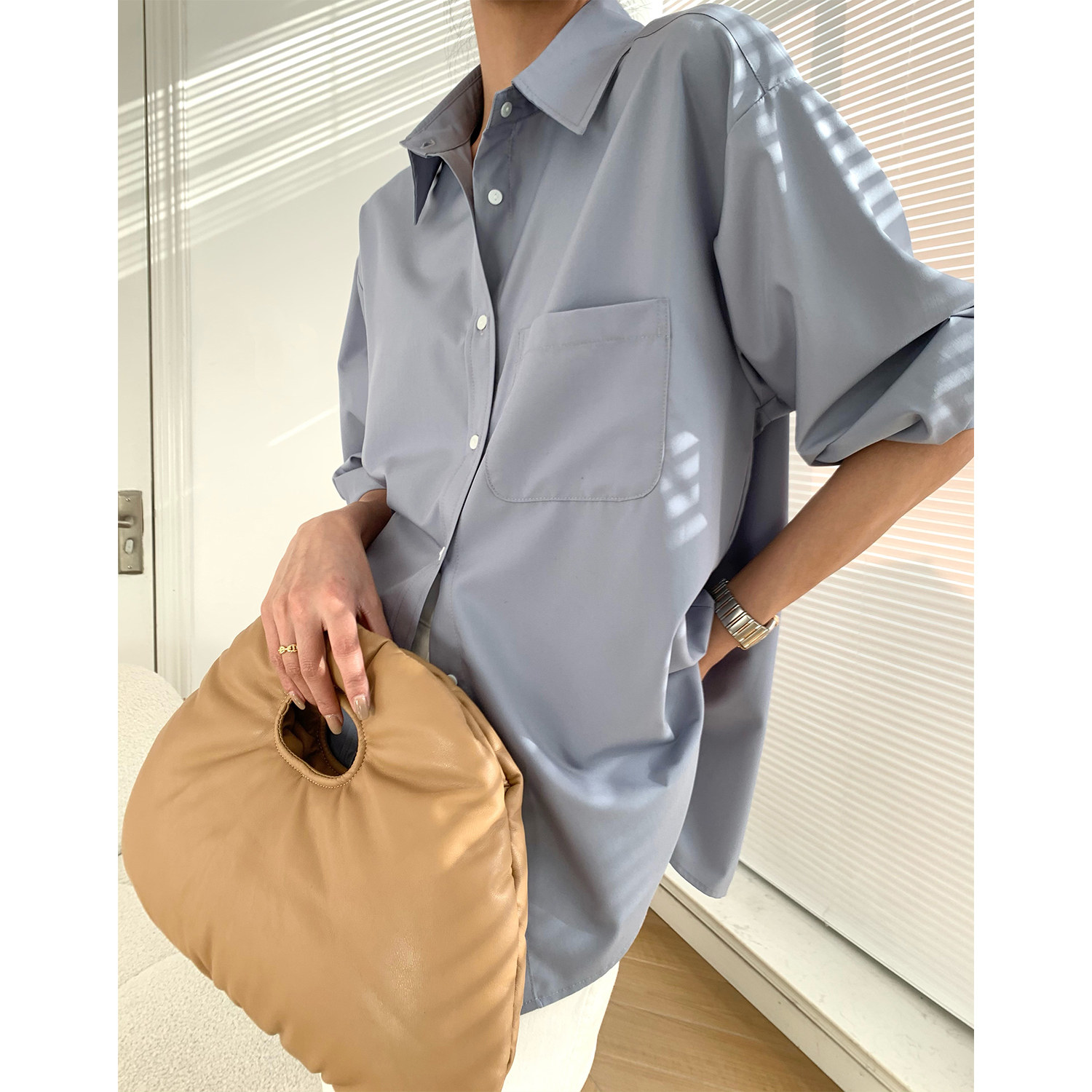 雾霾蓝衬衫oversize高品质衬衣高级感慵懒抗皱休闲宽松上衣女叠穿_虎窝淘