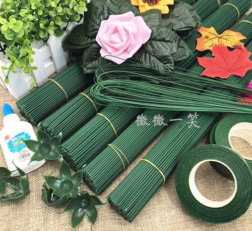 DIY丝网花径材料手工花杆丝带玫瑰花棒仿真绿铁丝枝干假叶子胶带 - 图2