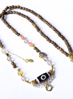 天然沉香木佛牌链唐卡挂链搭配天然白水晶南红玛瑙天珠万能吊坠绳