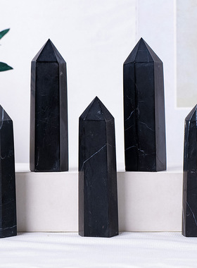 跨境Shungite次石墨水晶柱水晶原石单尖六棱柱摆件东海水晶柱