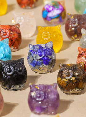 跨境天然水晶碎石猫头鹰摆件DIY树脂水晶动物桌面景观造景装饰品