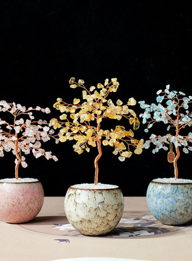 天然水晶碎石不倒杯发财树粉紫黄水晶树家居客厅桌面玄关摆件