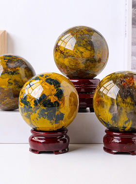 天然水晶黄彼得石水晶球 水晶原石玛瑙打磨把玩球 家居装饰摆件