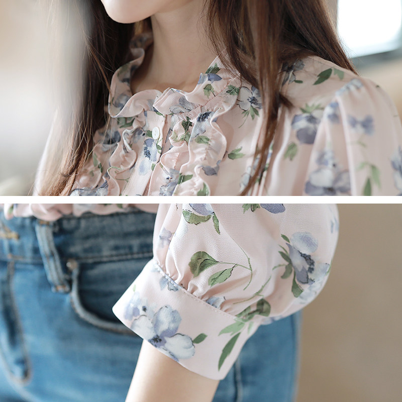 2020秋冬小衫洋气长袖碎花雪纺衬衫 宝采尔蕾丝衫/雪纺衫