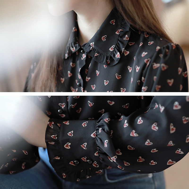 黑色加绒秋冬修身2020新款雪纺衬衫 宝采尔蕾丝衫/雪纺衫