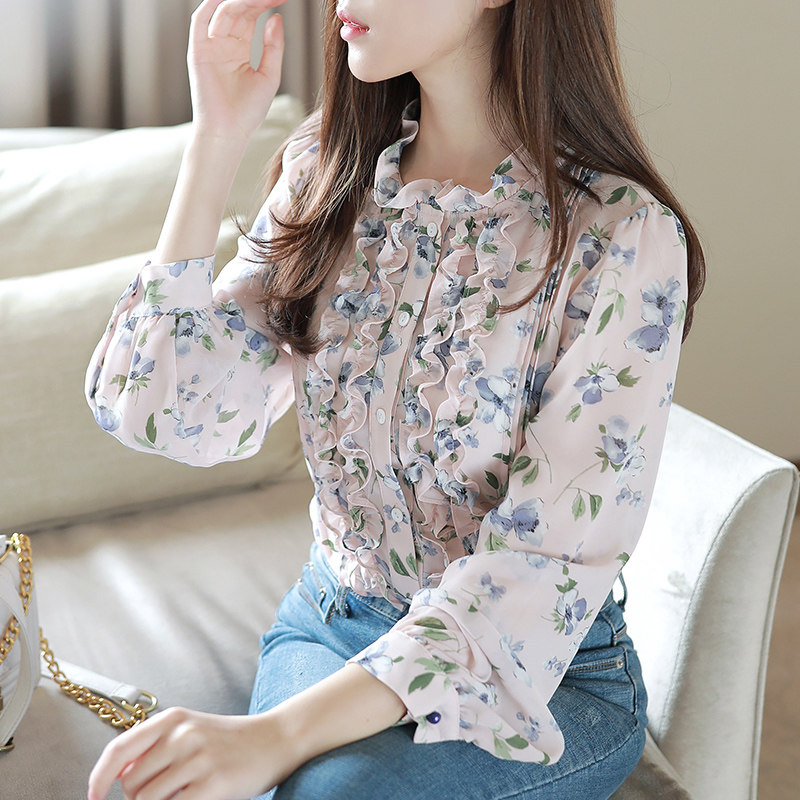 2020秋冬小衫洋气长袖碎花雪纺衬衫 宝采尔蕾丝衫/雪纺衫