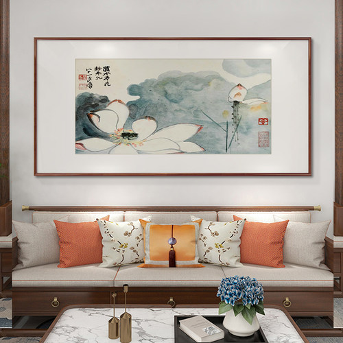 荷花挂画新中式客厅沙发后面背景墙挂画壁画茶室挂画水墨国画名画 - 图0