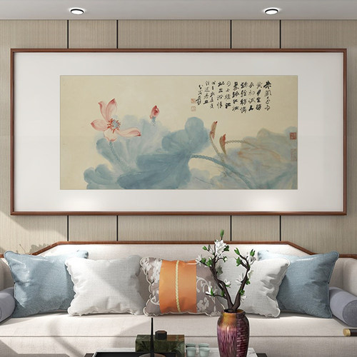荷花挂画新中式客厅沙发后面背景墙挂画壁画茶室挂画水墨国画名画 - 图1