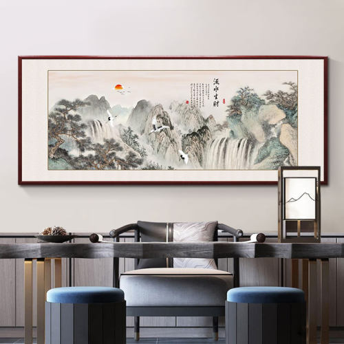流水生财山水画客厅沙发背景墙挂画风景画招财办公室壁画国画横 - 图1