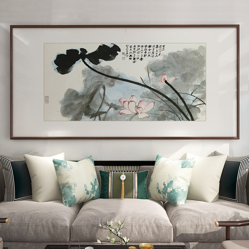 荷花挂画新中式客厅沙发后面背景墙挂画壁画茶室挂画水墨国画名画 - 图2