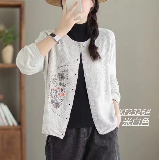 Purghel embroidered cotton wire knitted jacket 2023 autumn and winter literary round neck versatile solid color knitted cardigan outer sweater
