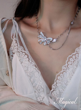 锆石蝴蝶结女项链戒指