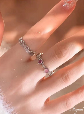 甜美粉色爱心锆石叠戴开口戒指