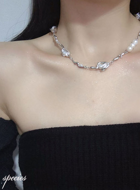 女巴洛克风珍珠+金属拼接项链