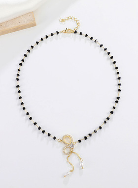 欧美跨境微镶锆石蝴蝶结珍珠项链