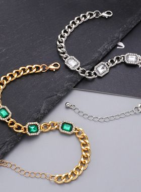 欧美时尚古巴链锆石祖母绿手链