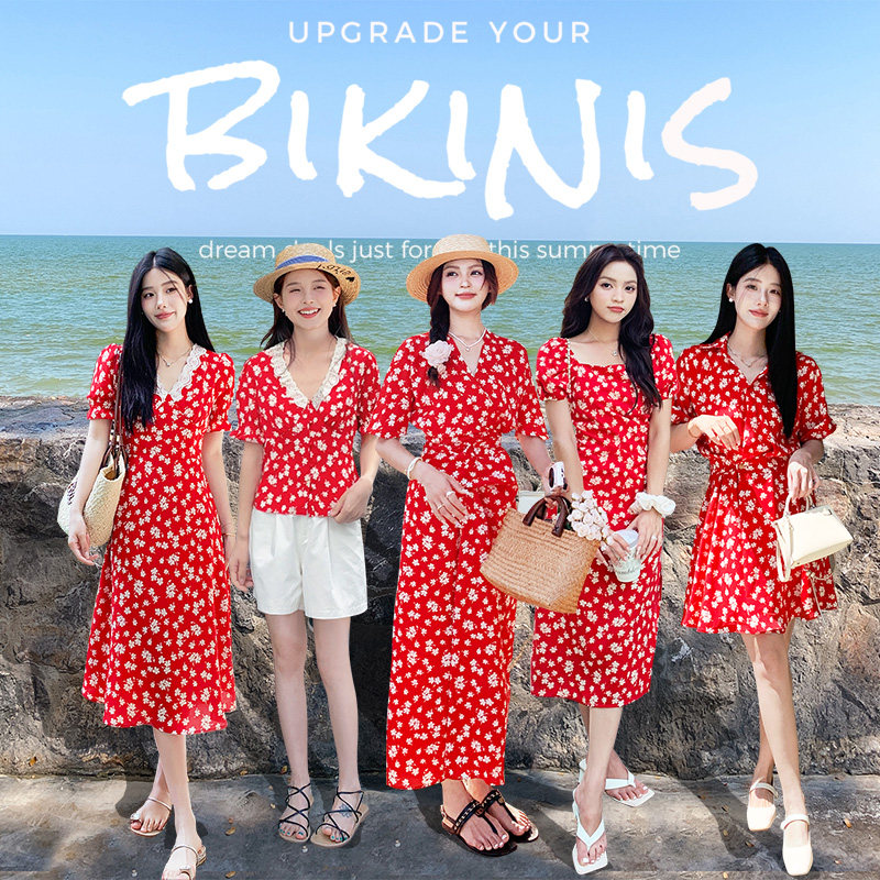 2024夏不一样的闺蜜装红色泡泡袖碎花连衣裙姐妹装V领度假长裙子