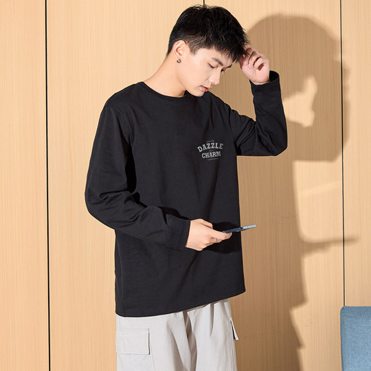 Tangshi Herbst neues Langarm-T-Shirt Herren Rundhals-Oberteil bedruckt lockere und einfache Innenschicht trendy