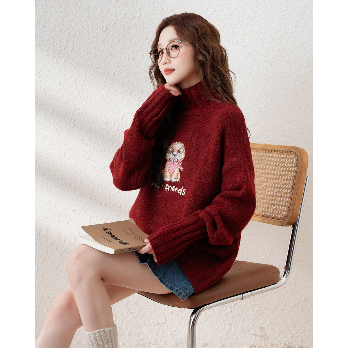 唐狮高领红色毛衣女新年战袍2024新款冬季软糯慵懒半高领宽松上衣