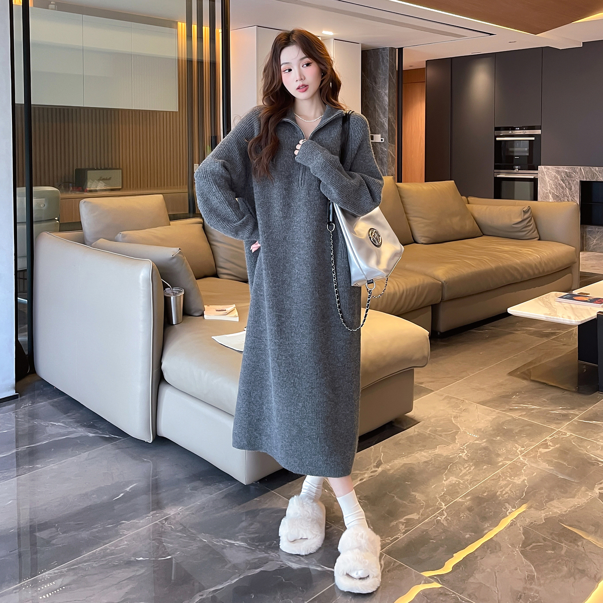 唐狮立领连衣裙秋冬款长款针织毛衣裙宽松休闲长裙复古气质女装y5 - 图1