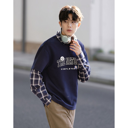 唐狮春秋男款长袖polo衫假两件字母印花设计感独特翻领上衣 - 图1