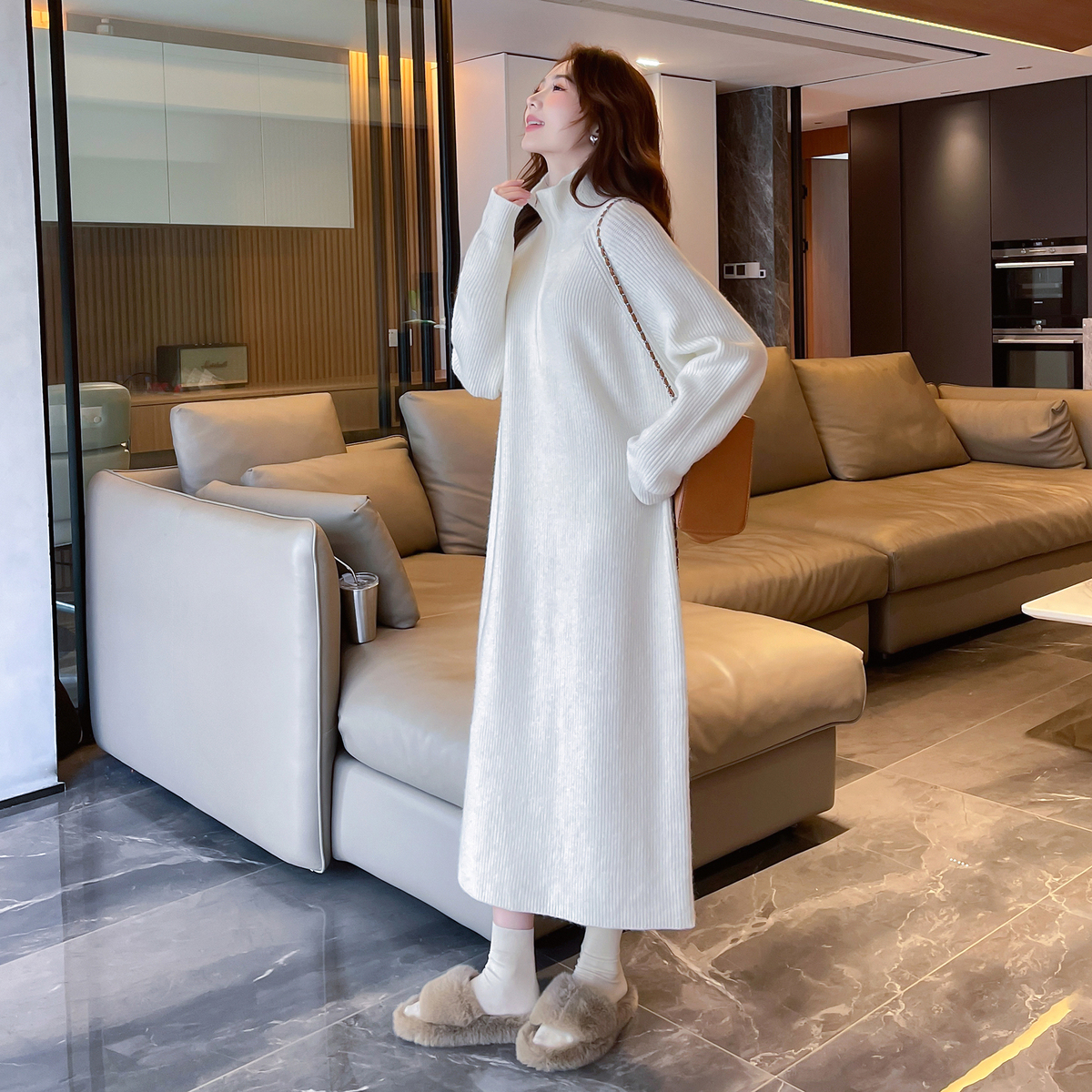 唐狮立领连衣裙秋冬款长款针织毛衣裙宽松休闲长裙复古气质女装y5 - 图2