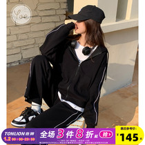 yoe23 Autumn Clothing Sportswear Sports Suit Women Black Casual Two Sets of Korean Lean Sportswear Sweatshirt Jacket