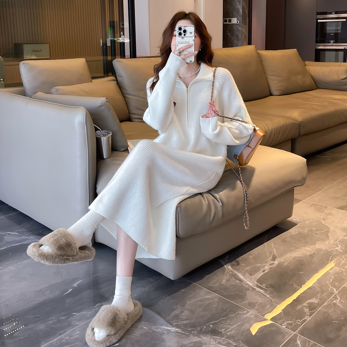 唐狮立领连衣裙秋冬款长款针织毛衣裙宽松休闲长裙复古气质女装y5 - 图3