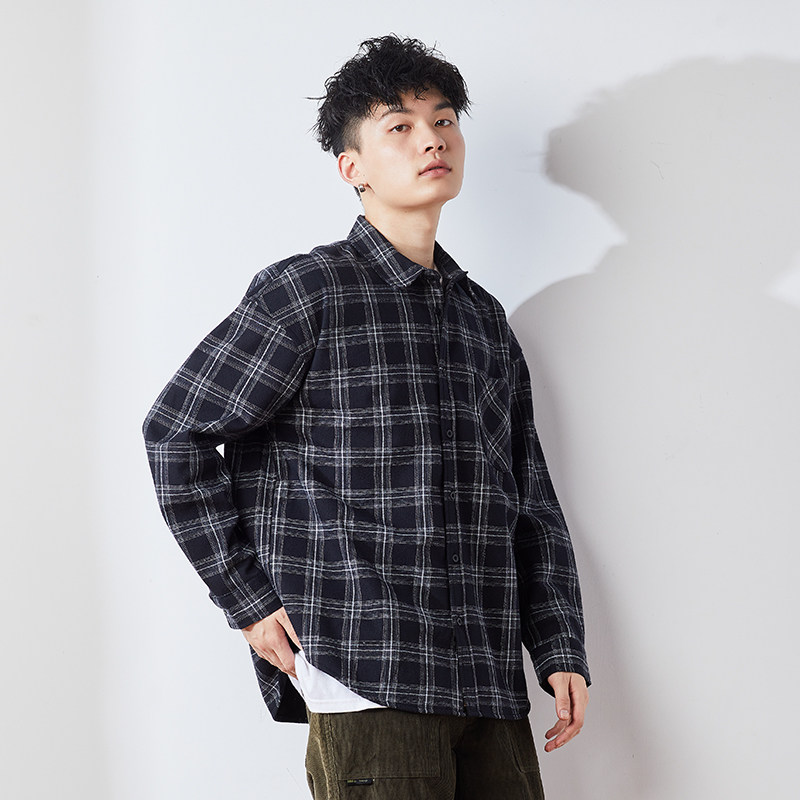 唐狮春秋季格子男2021新款长袖衬衫 唐狮喜之乐衬衫