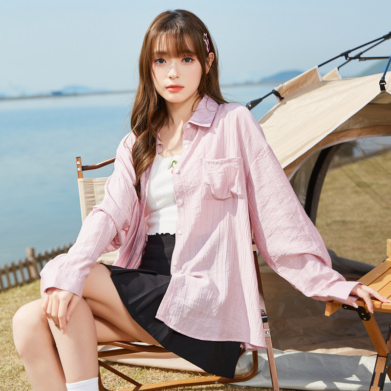 夏季轻薄2022新款桃花皱宽松衬衫 唐狮衬衫