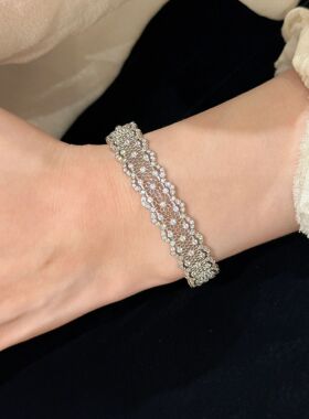 S925纯银镂空蕾丝满钻手镯小众设计满天星网状手环轻奢重工手镯