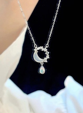 s925纯银白玉髓月牙水滴项链女轻奢小众感幻彩月光石流苏吊坠