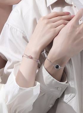 原创樱花树下情侣手链925银森系小众高级感设计黑曜石草莓晶手环