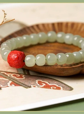 天然高品质和田玉老型珠朱砂并蒂莲转运手串女单圈手链母亲节礼物