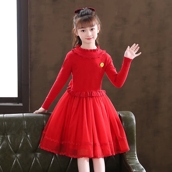 Children's autumn and winter dress foreign girl knitted dress red long -sleeved sweater, little girl princess skirt plus velvet winter