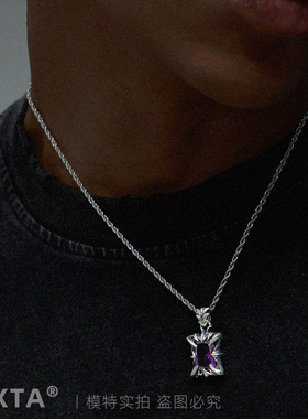 纯银紫宝石项链吊坠复古毛衣链