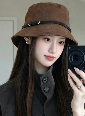 复古麂皮绒渔夫帽女秋冬季新款百搭宽檐盆帽咖啡色腰带时尚帽子女
