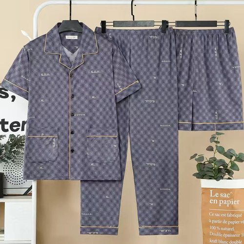 三件套睡衣男士夏季纯棉短袖短裤长裤外穿大码家居服春秋夏天薄款 - 图3