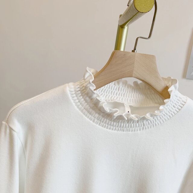 Flower bud sleeve C4961 German velvet brushed double-layer cuffs stand collar bottoming T-shirt