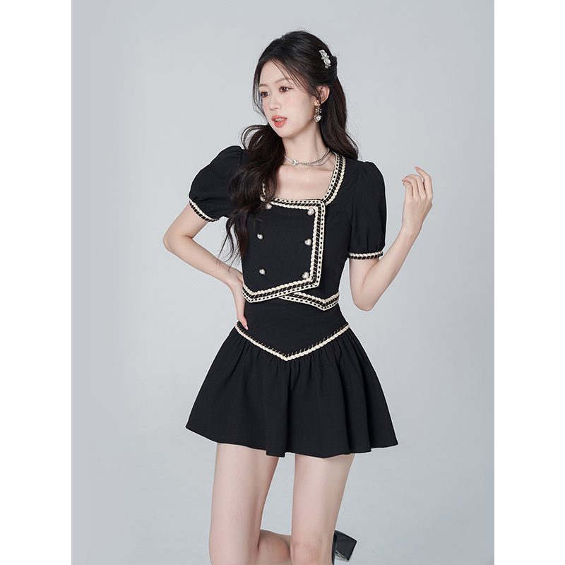 韩语琳套装女2024新款夏季时尚气质显瘦短袖上衣半身裙黑色两件套