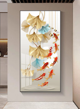 入户门正对玄关装饰画现代简约九鱼图寓意好过道挂画竖版楼梯壁画