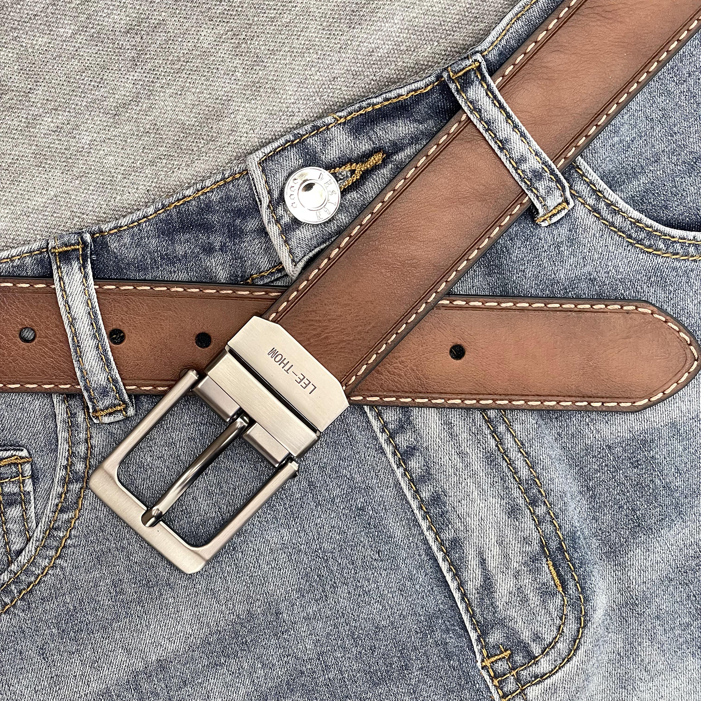LEE-THOM男士针扣皮带年轻人休闲真皮百搭双面用牛仔裤休闲裤腰带